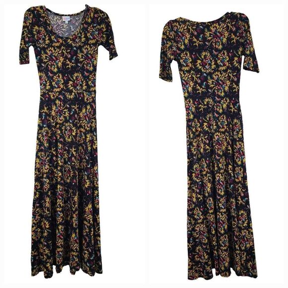 LuLaRoe Ana Maxi Dress XS 2/4 Mustard Floral Long Fit & Flare Short Sleeve Knit - Picture 2 of 8